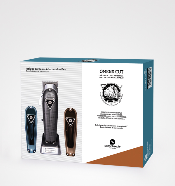 Embalagem do conjunto OMENS CUT com três máquinas de corte profissionais em cores azul, cinza e cobre
