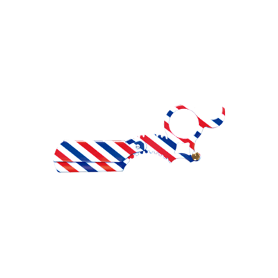 Gravata e borboleta com padrão riscas diagonais azuis, vermelhas e brancas