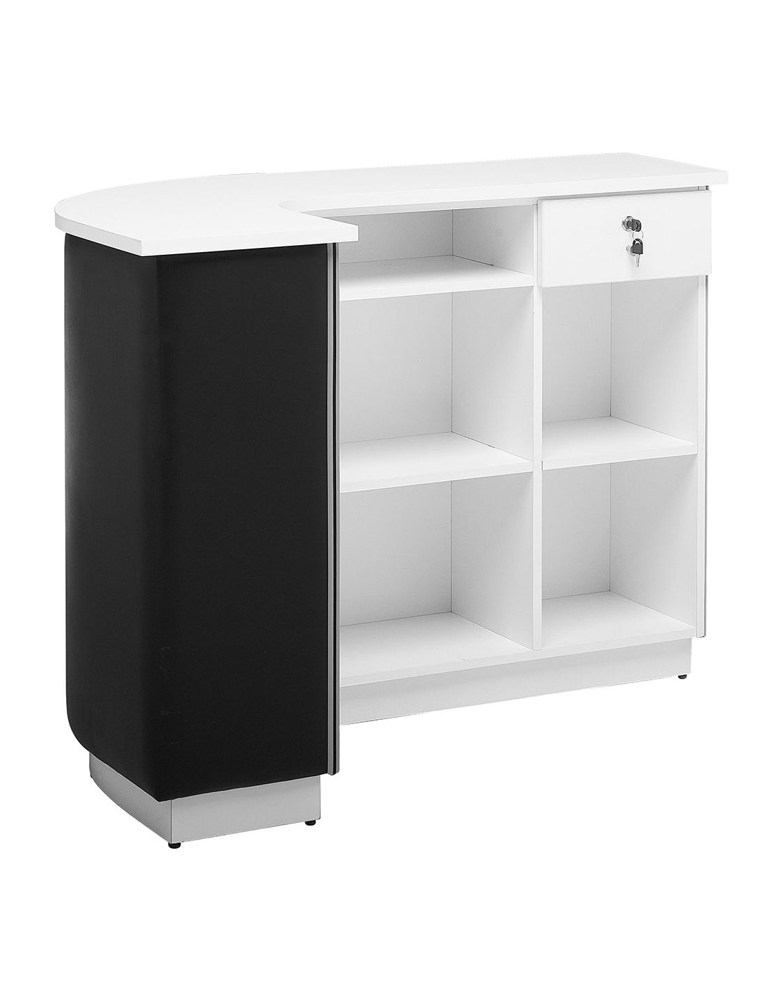 Móvel de escritório branco com prateleiras e porta preta curvada