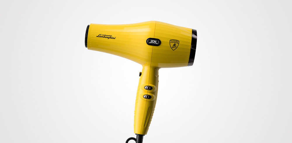 Secador de cabelo amarelo com inscrições Lamborghini
