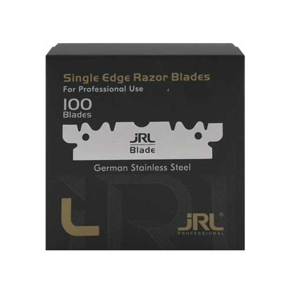 Caixa preta de lâminas de barbear de aço inoxidável alemão com texto e logótipos dourados