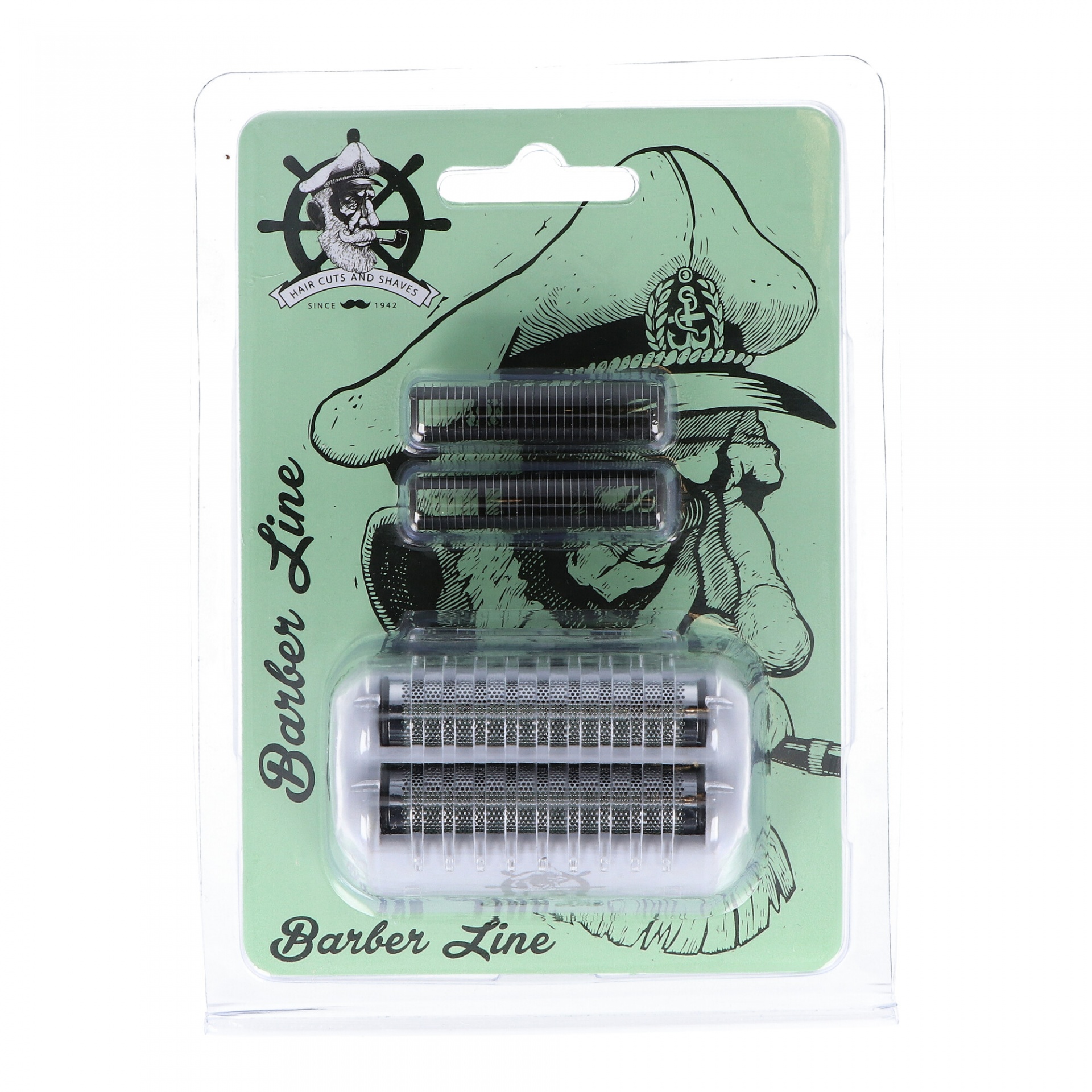 Conjunto de cabeças de barbear substituíveis em embalagem com desenho de marinheiro