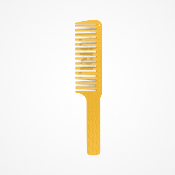 Pente amarelo de plástico com dentes finos e cabo texturizado