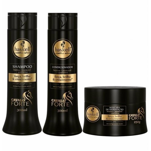 Três produtos para cabelo da linha Cavalo Forte da Haskell em embalagens pretas com etiquetas douradas.