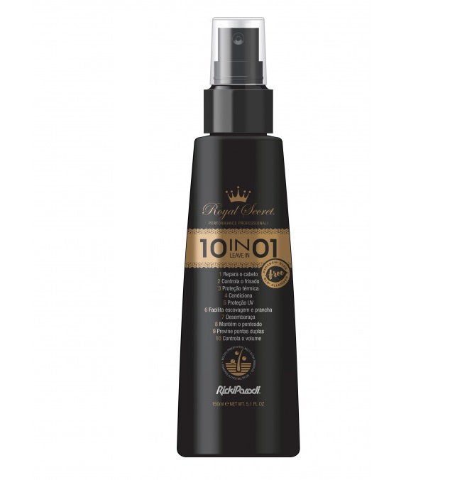 Frasco spray cosmético preto com rótulo dourado da Royal Secret 10 em 1