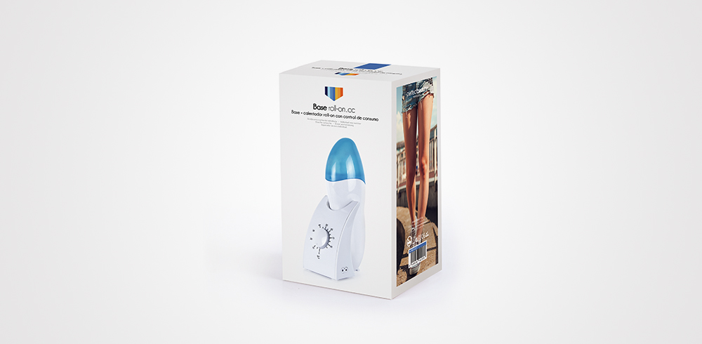 Caixa branca com vaporizador de roupas portátil branco e azul