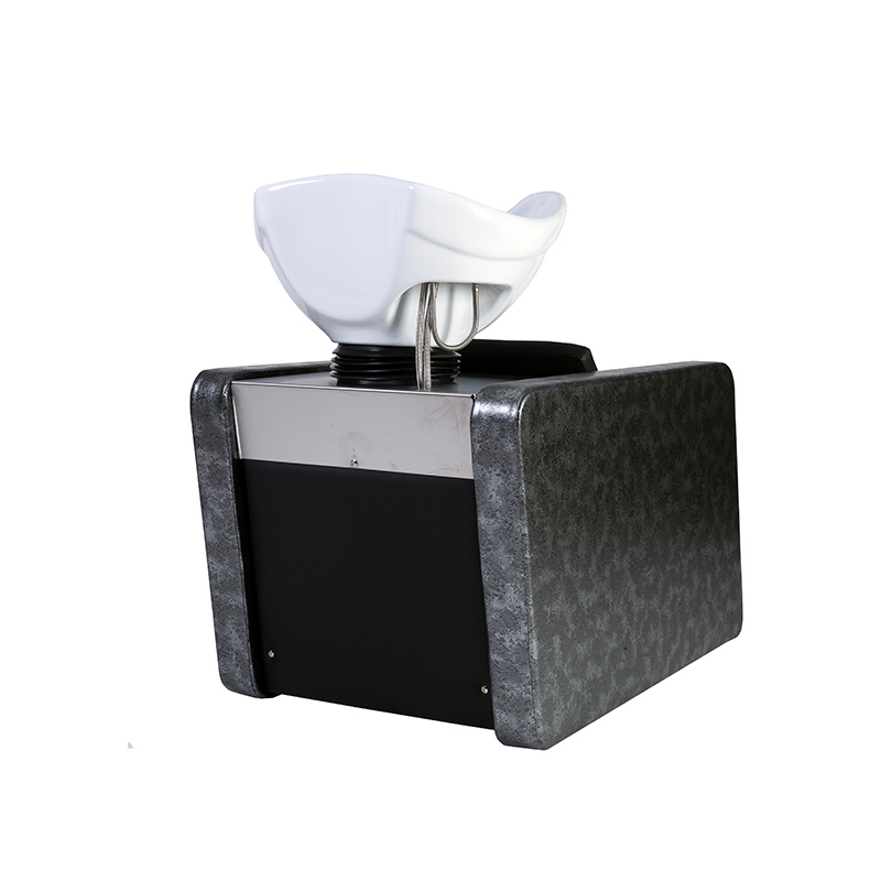 cadeira para lavagem de cabelo estofada cinzenta com lavatório branco