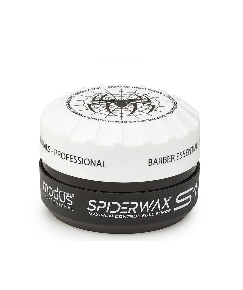 Cera de cabelo Modus Professional Spiderwax S1 embalagem preta e branca com teia de aranha