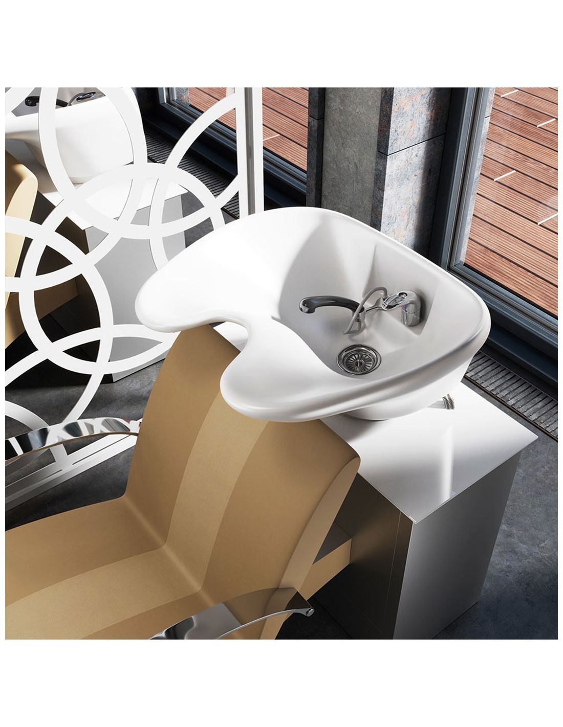 Lavatório de salão branco com cadeira bege em ambiente interior