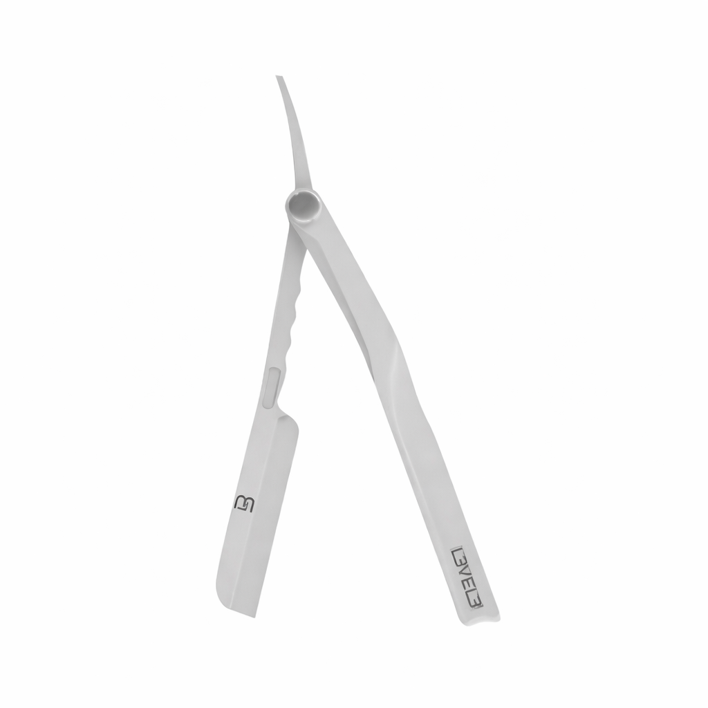 Navalha de barbear branca com texto LEVEL e B nas alças