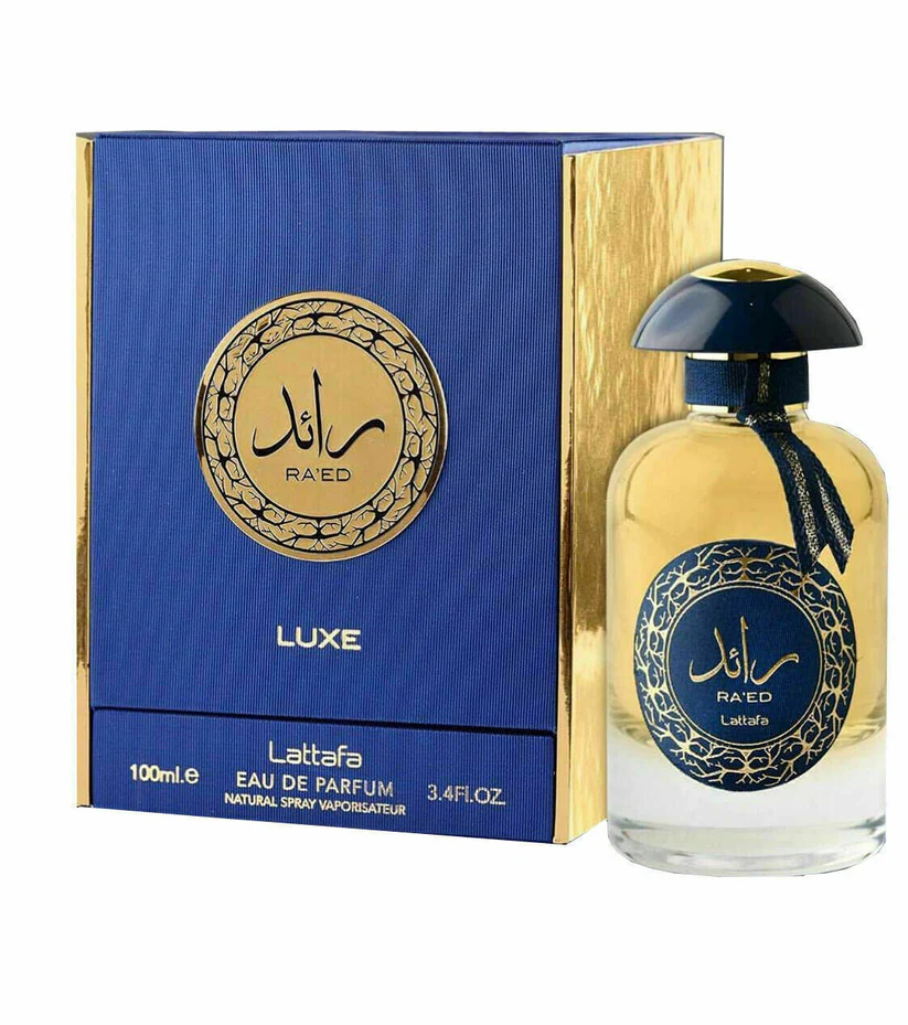 Perfume RA'ED Luxe Lattafa em frasco e caixa azul e dourada