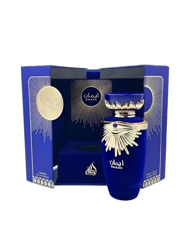 Frasco de perfume Emaan azul escuro com detalhes prateados e caixa azul