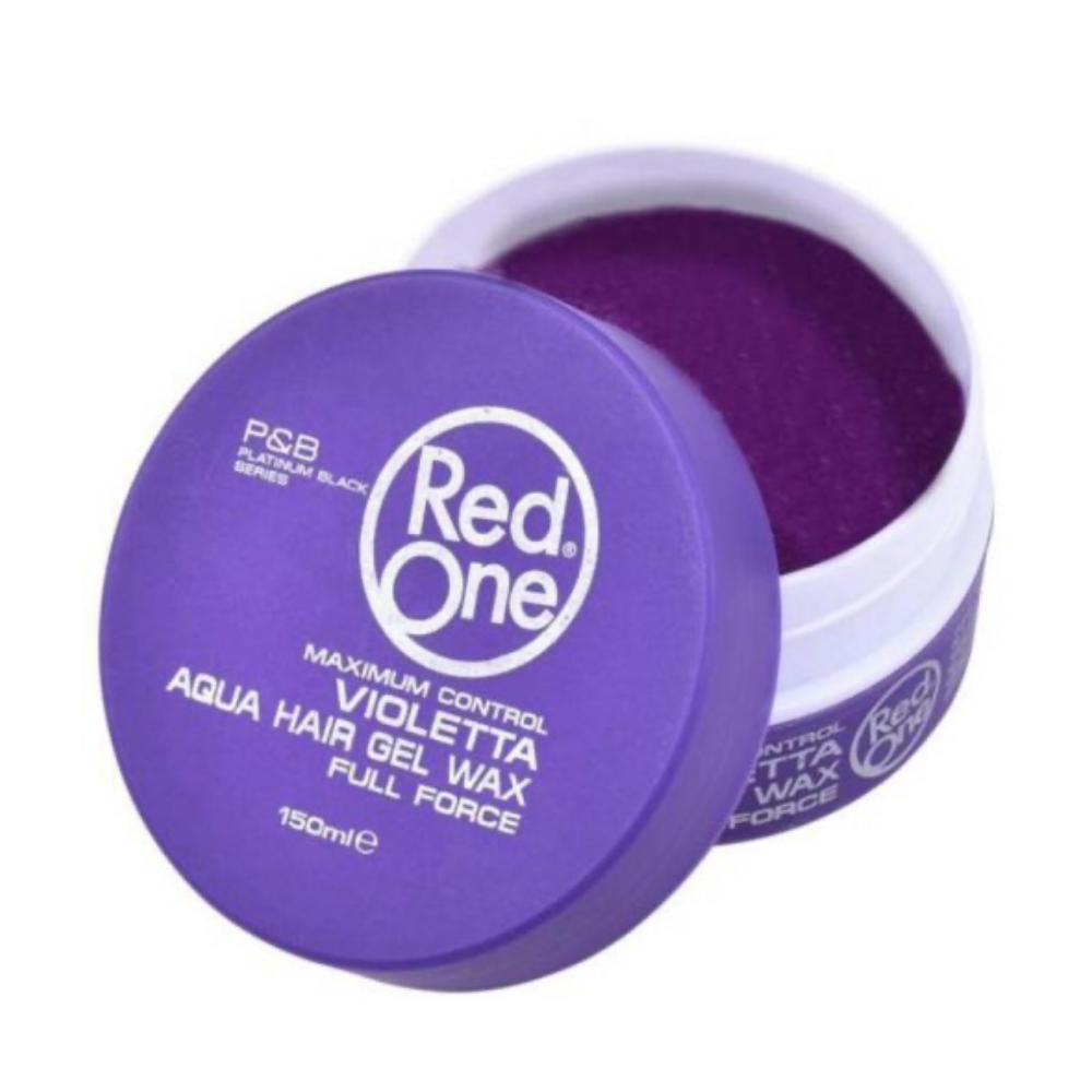 Pote aberto de cera de cabelo violeta Red One com tampa roxa