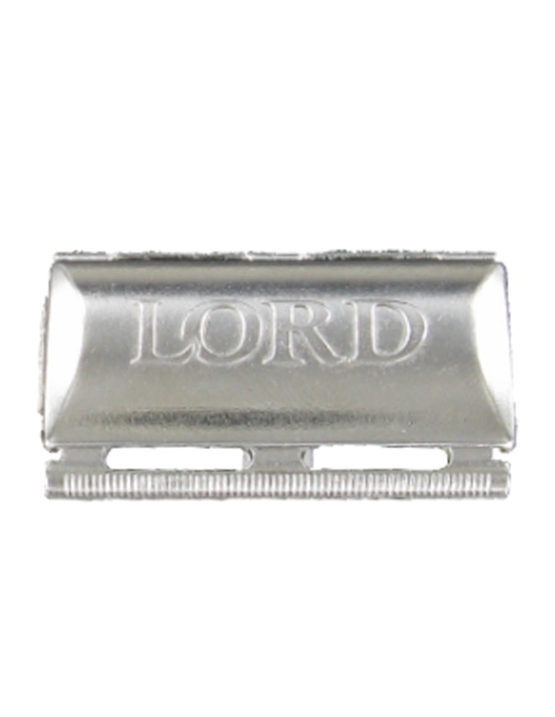 Cabeça de máquina de barbear metálica prateada com a palavra LORD