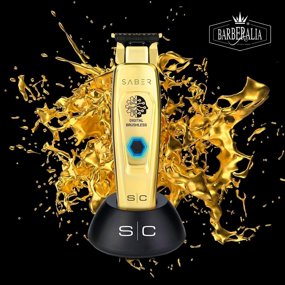 Máquina de barbear dourada com respalda preto e splash dourado ao fundo