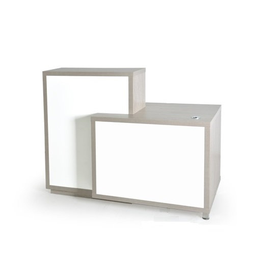 Móvel modular de madeira cinza claro e branco com dois cubos