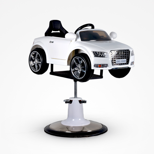 Cadeira infantil em forma de carro Audi branco montada em base metálica