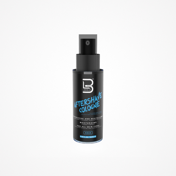 Frasco preto de spray de colónia pós-barba com textos em azul e branco