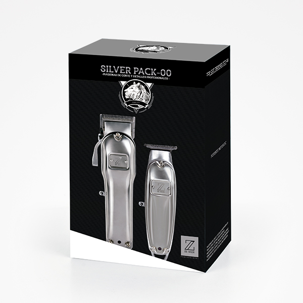 Caixa preta com duas máquinas de cortar cabelo prateadas e logótipos