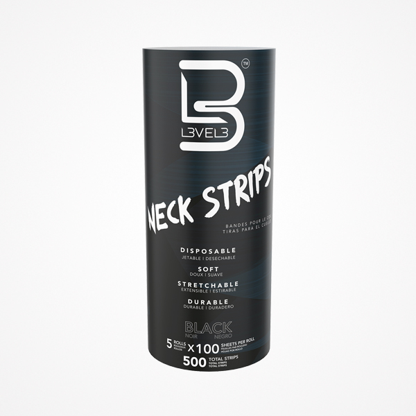 Embalagem cilíndrica preta BVELB Neck Strips com texto branco e detalhes do produto