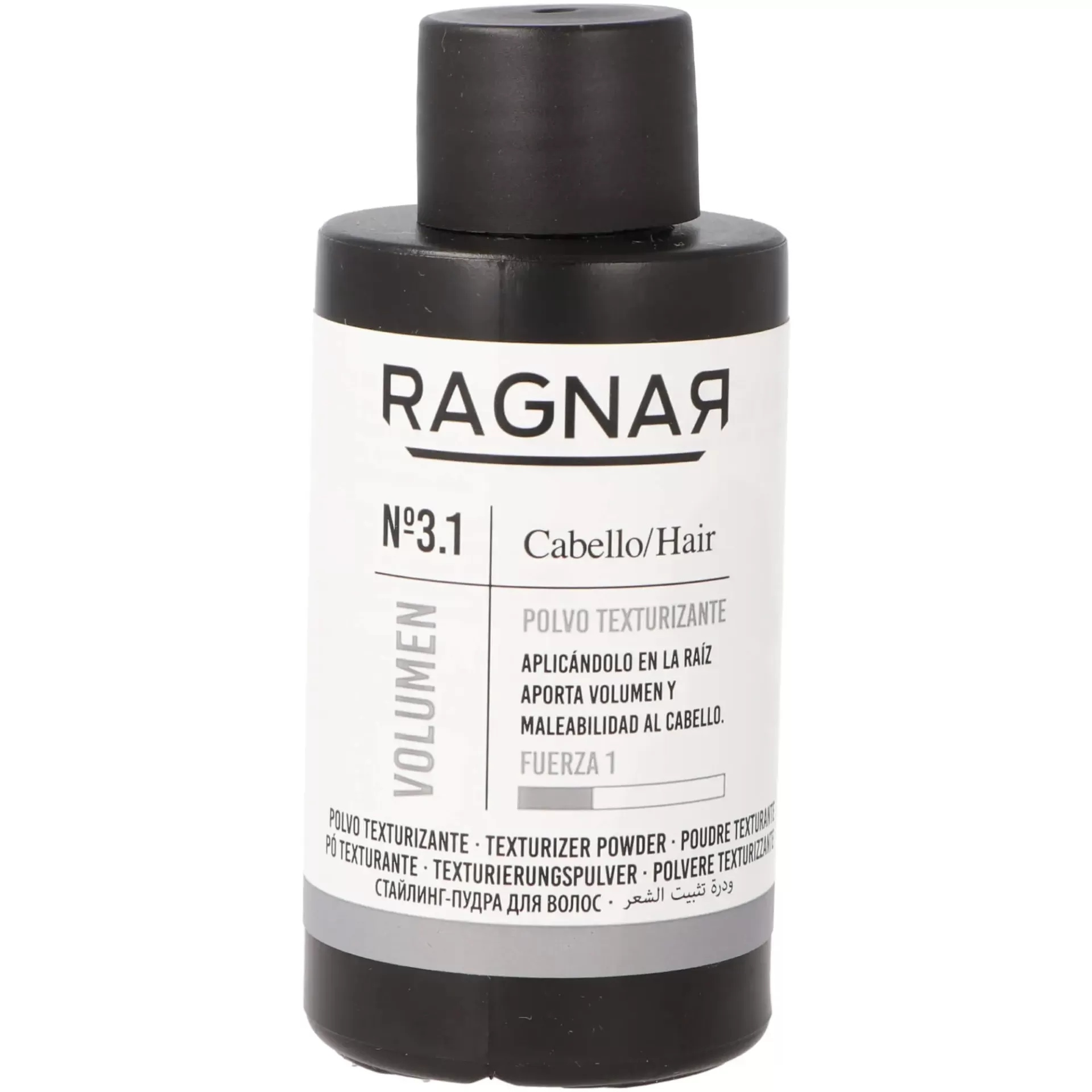Frasco de pó texturizante para cabelo Ragnar Nº3.1 preto com rótulo branco.