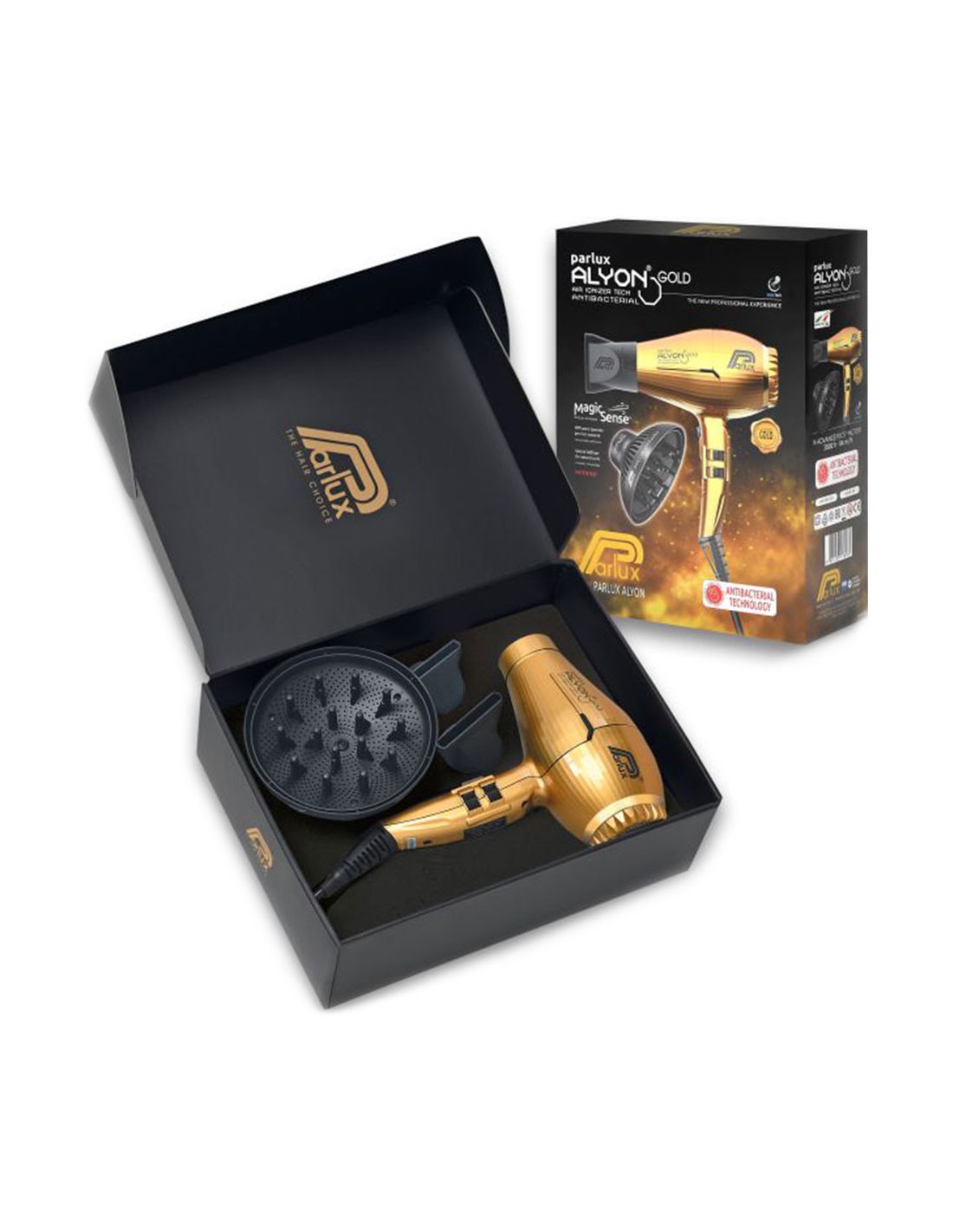 Secador de cabelo Parlux Alyon Gold dourado com acessórios em caixa preta e embalagem externa