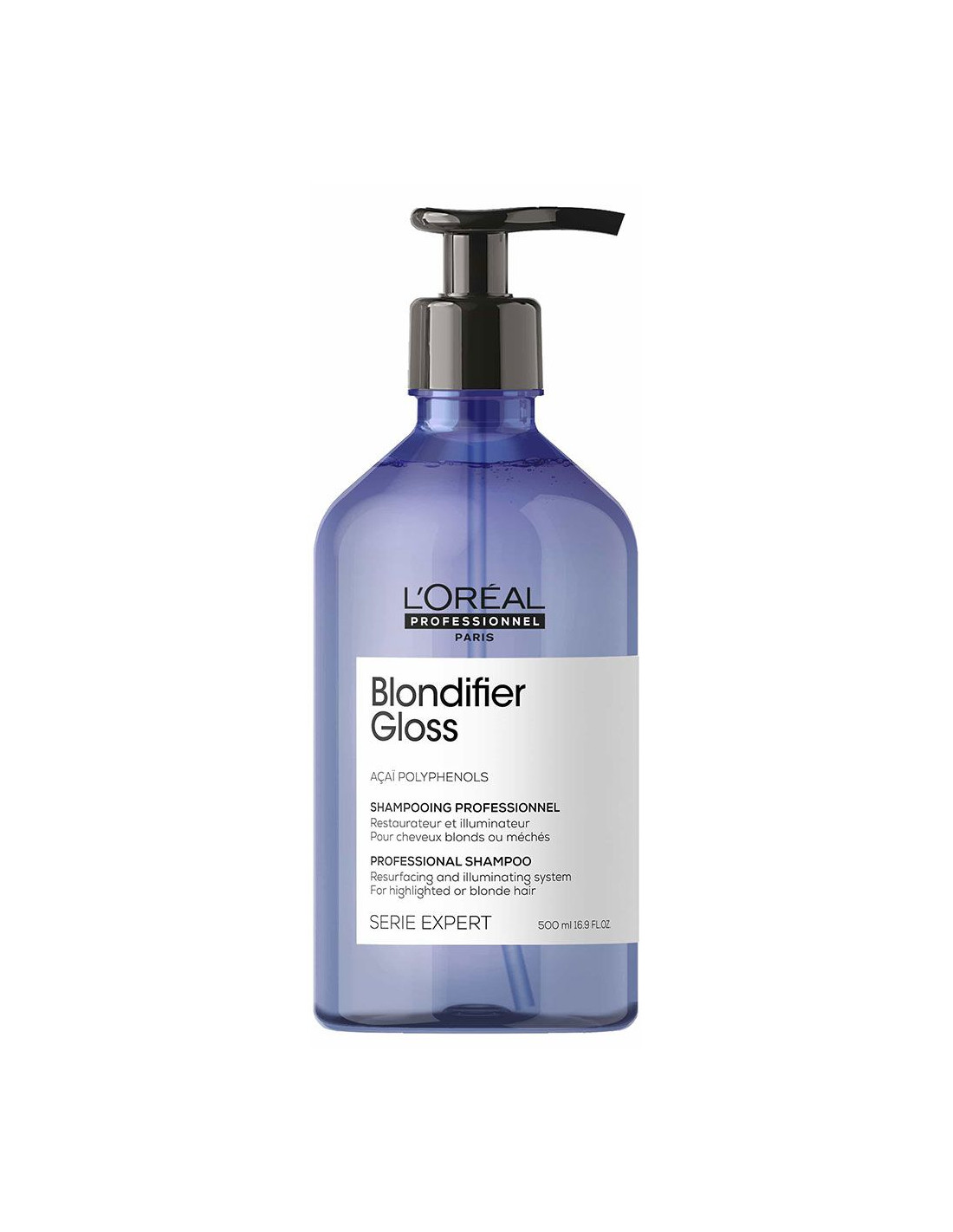 Frasco azul com doseador preto de champô L'Oréal Blondifier Gloss
