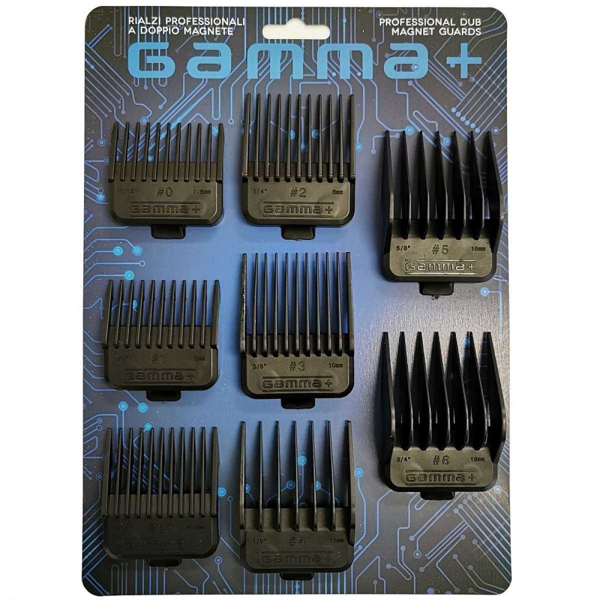 Conjunto de pentes magnéticos pretos para máquina de cortar cabelo num cartão azul com padrão digital.