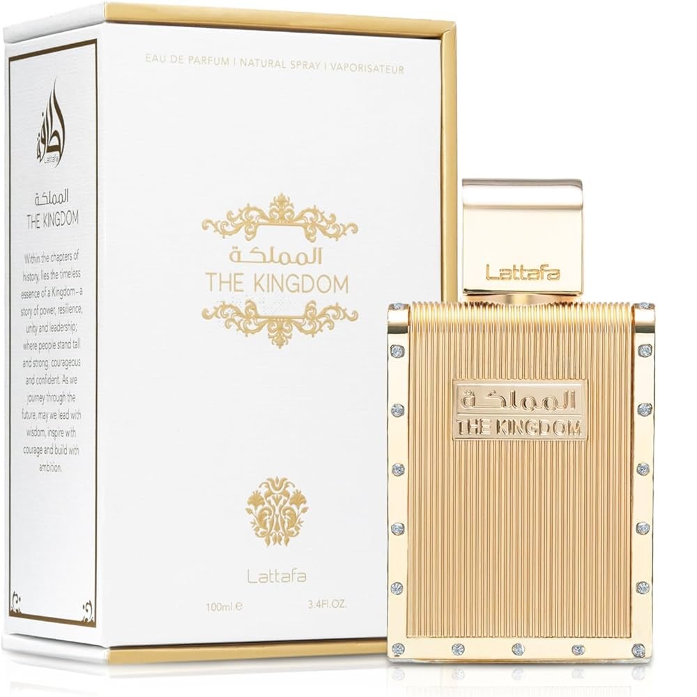 Perfume The Kingdom de Lattafa com embalagem branca e dourada e frasco dourado texturizado