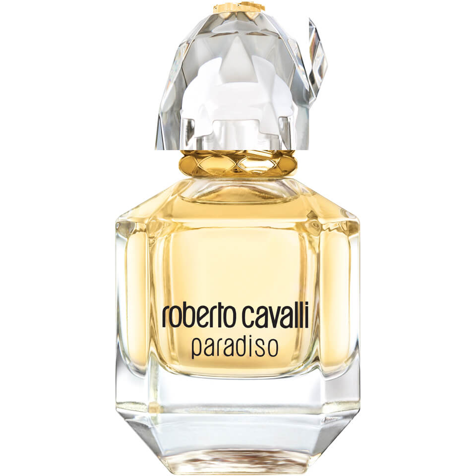 Frasco de perfume Roberto Cavalli Paradiso em vidro transparente com líquido amarelo
