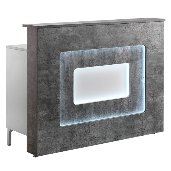 Balcão de receção cinza escuro com iluminação LED retangular