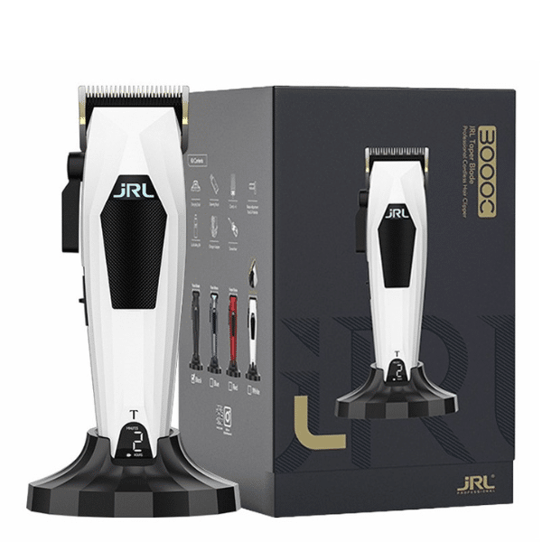 Máquina de cortar cabelo JRL 3000C branca e preta com suporte e caixa