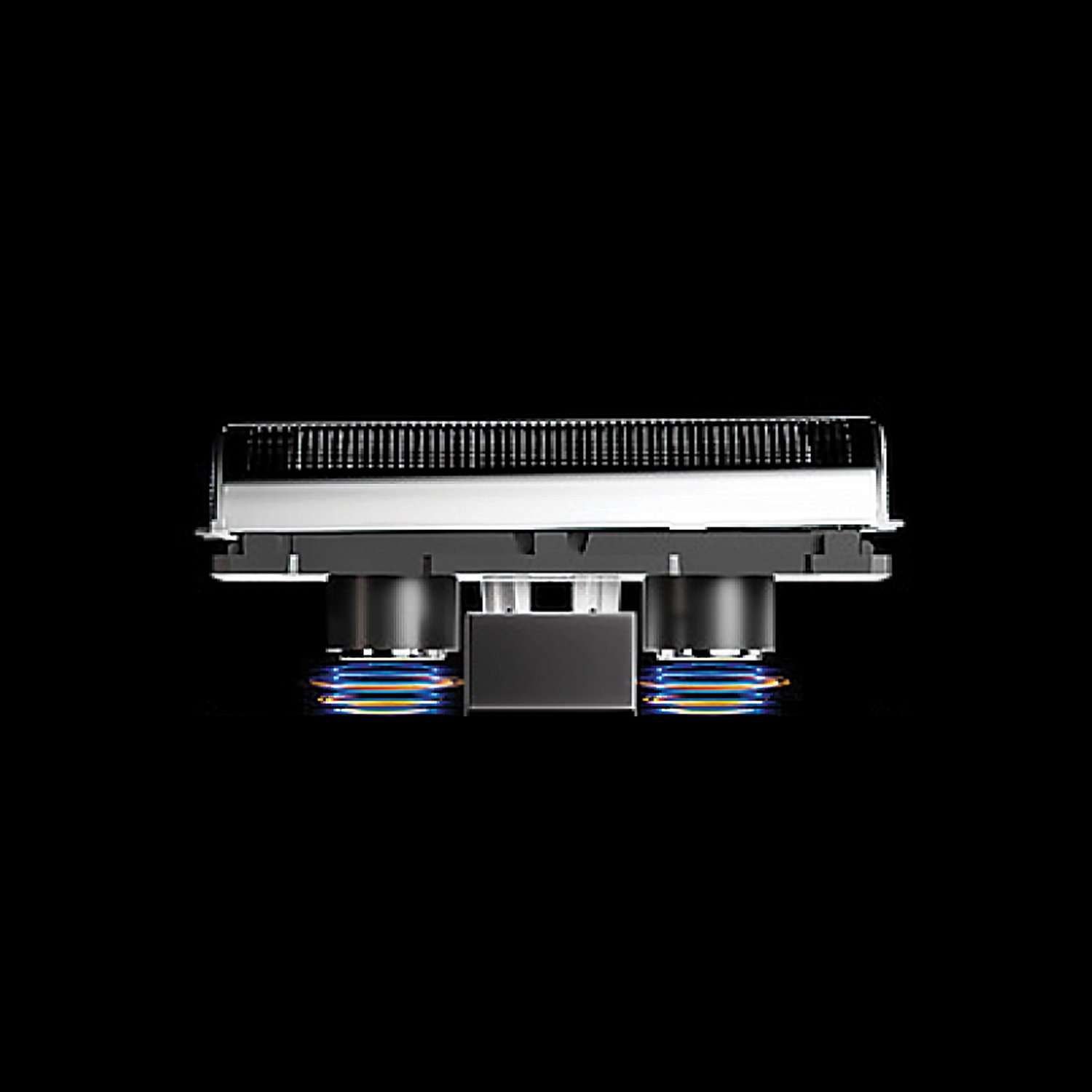 Componente tecnológico metálico com lentes circulares coloridas em fundo preto