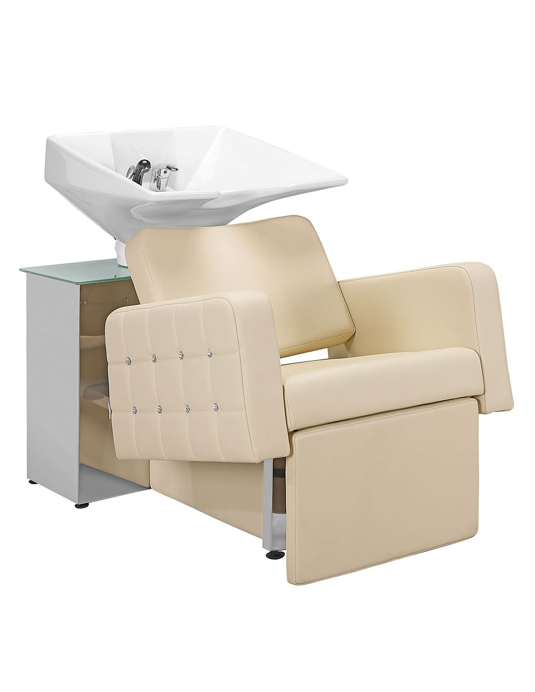 Cadeira de lavatório para cabelo bege com lava-cabeças cerâmico branco