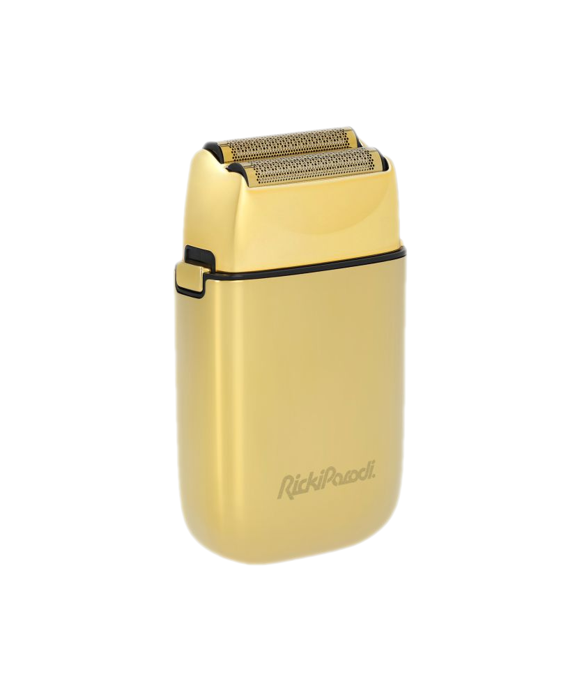 Aparelho de barbear elétrico dourado com o nome 'RickiParodi'