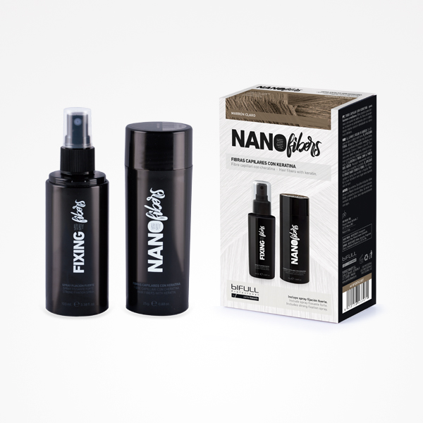Dois frascos pretos com texto branco e uma caixa de produto NANO fibers ao lado