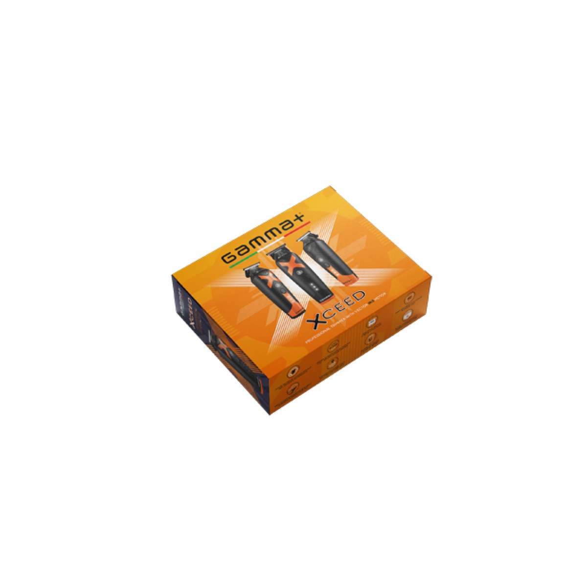 Embalagem laranja Gamma+ com máquinas de cortar cabelo pretas e laranja
