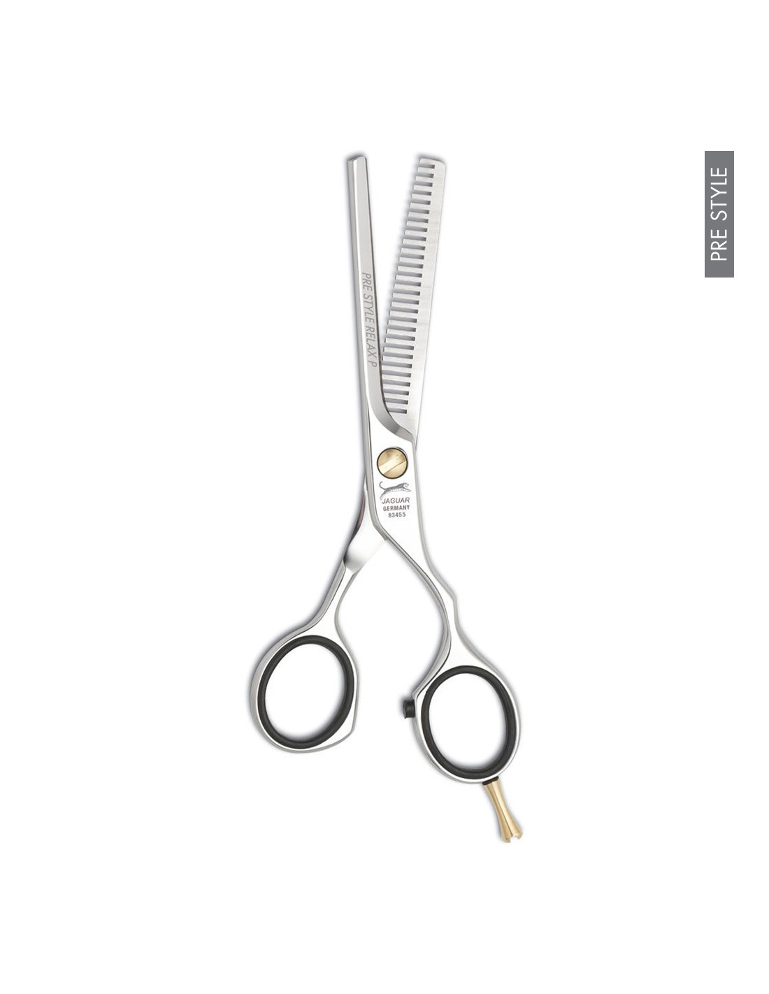 Tesoura de corte e tesoura desbastadora em metal prateado com detalhes dourados