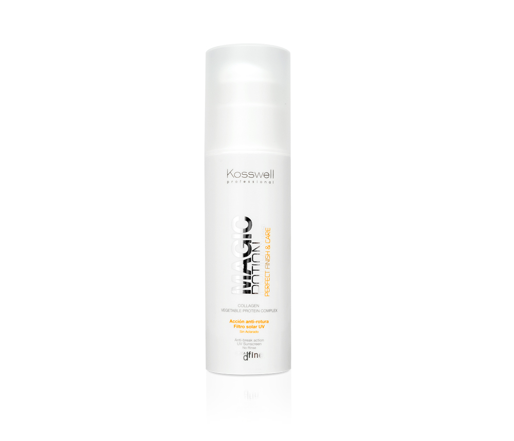 Frasco de produto capilar Kosswell Reflective Platinum Hair Booster branco com texto preto e laranja