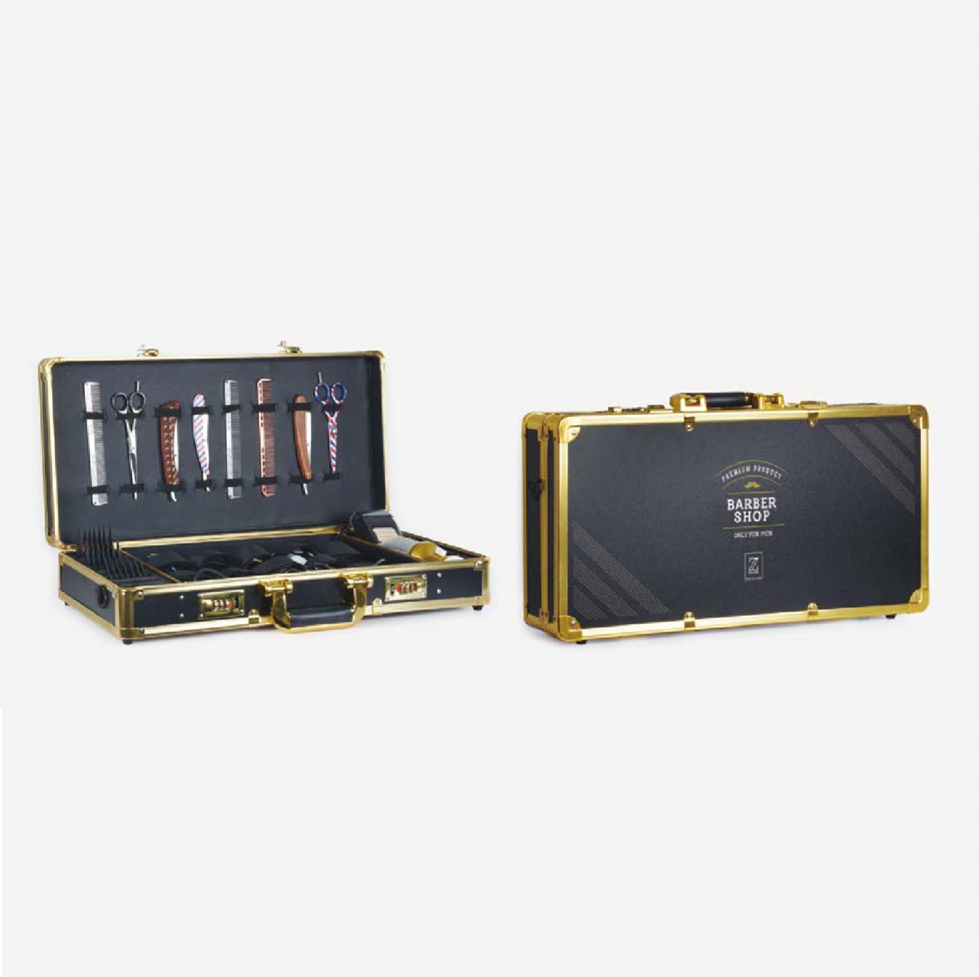 Conjunto profissional de barbear vintage com estojo preto e dourado e várias ferramentas dentro