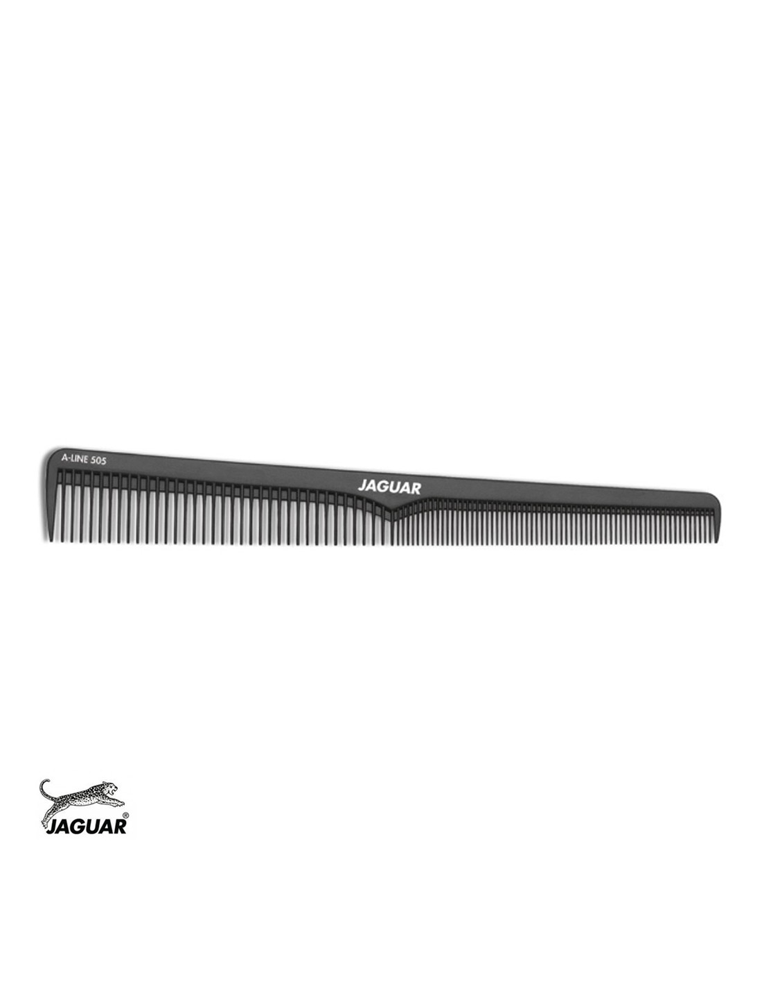 Pente preto de plástico com dentes finos e largos, texto JAGUAR, fundo branco