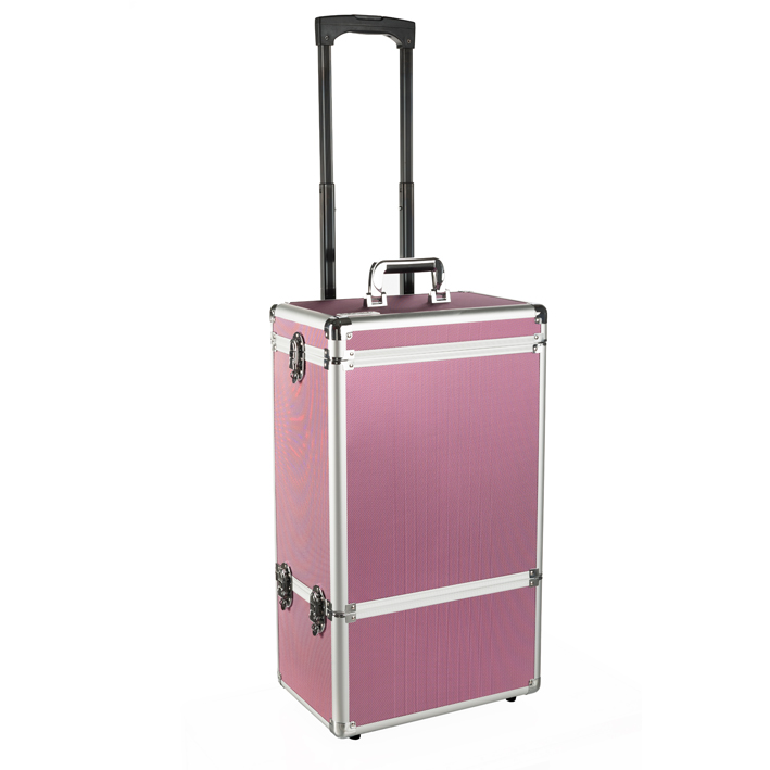 Mala de viagem cor-de-rosa com estrutura metálica e alça extensível preta