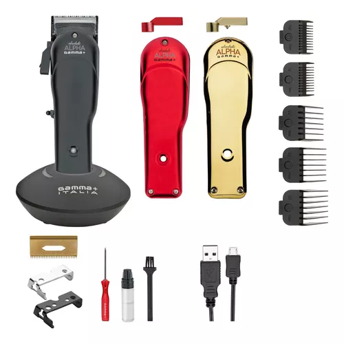 Máquinas de cortar cabelo ALPHA GAMMA com acessórios em fundo branco