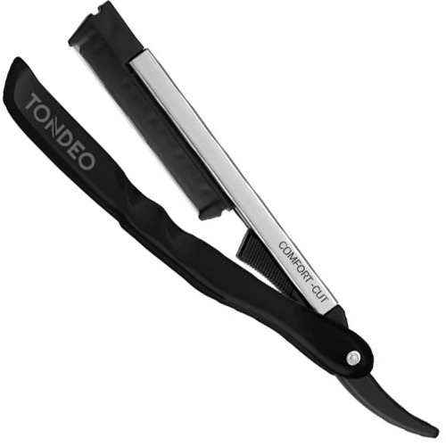 Navalha de barbear preta e prateada com texto TONDEO e COMFORT CUT