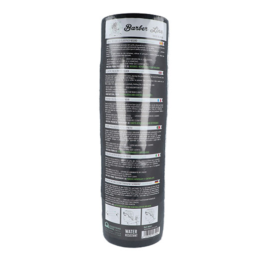 Embalagem preta cylindrical do produto Barber Line com texto e instruções