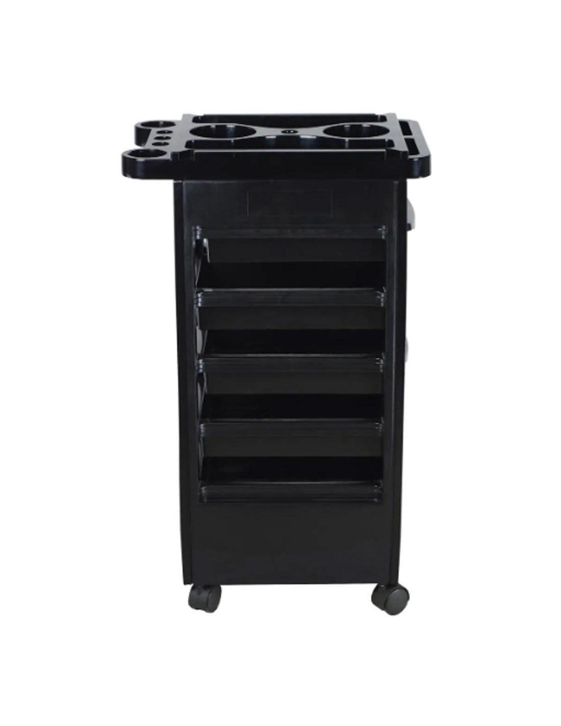 Carrinho de arrumação preto com gavetas e rodas