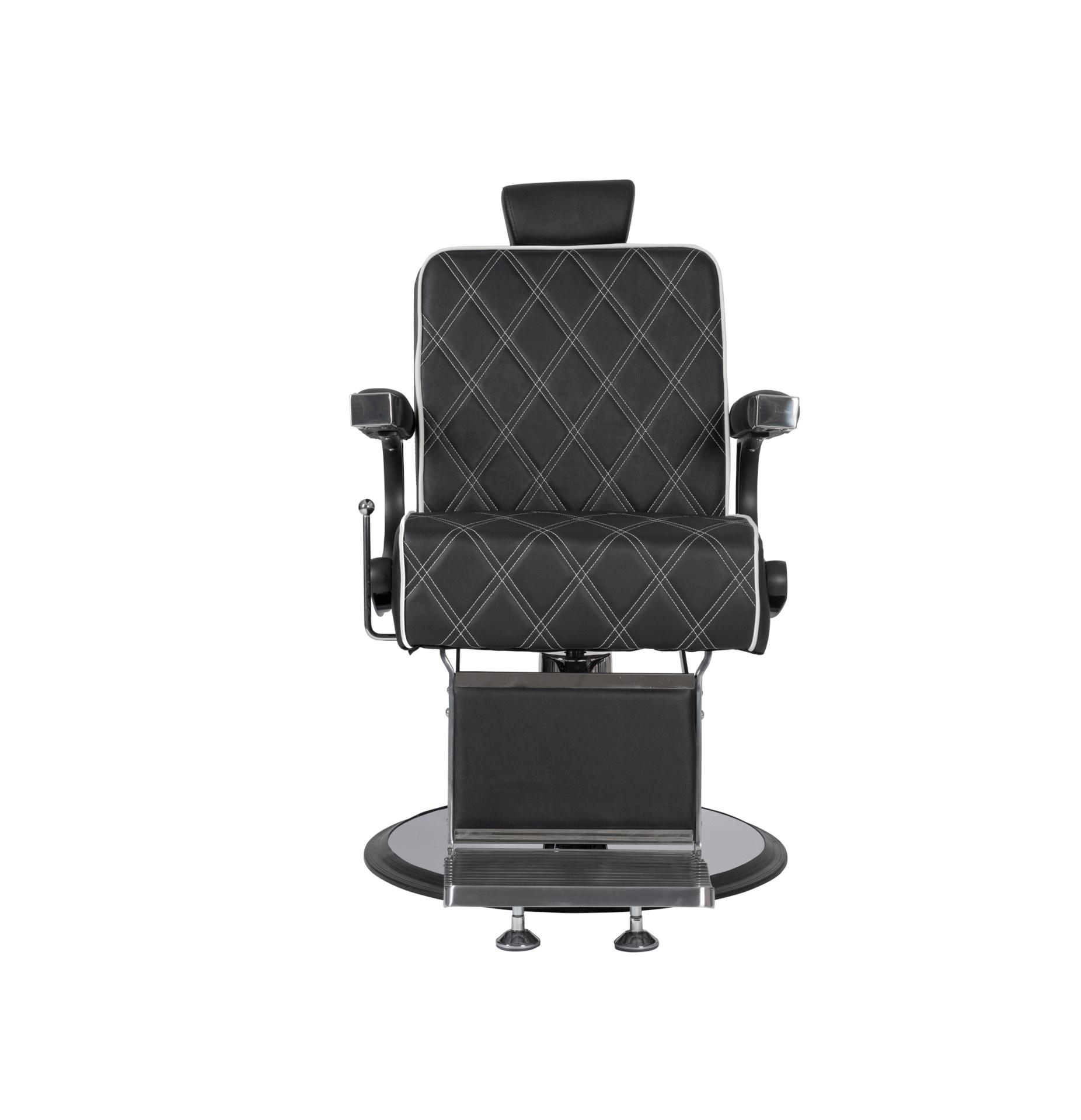 Cadeira de barbeiro preta com padrão de diamante e apoio para os pés