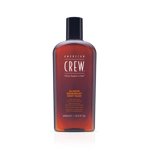 Frasco de gel de banho desodorizante American Crew castanho com tampa preta.