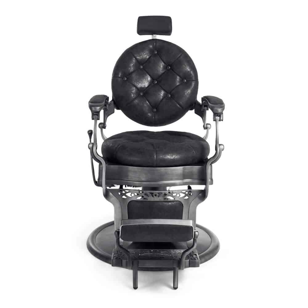 Cadeira de barbeiro vintage preta com apoio de cabeça e suporte para pés