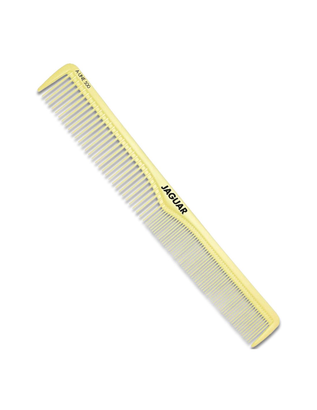 Pente amarelo com dentes finos e largos, texto JAGUAR e AG 98-50 no cabo